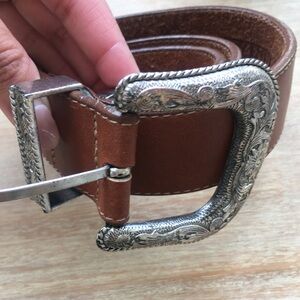 Brown Leather Belt with Ornate Silver Buckle